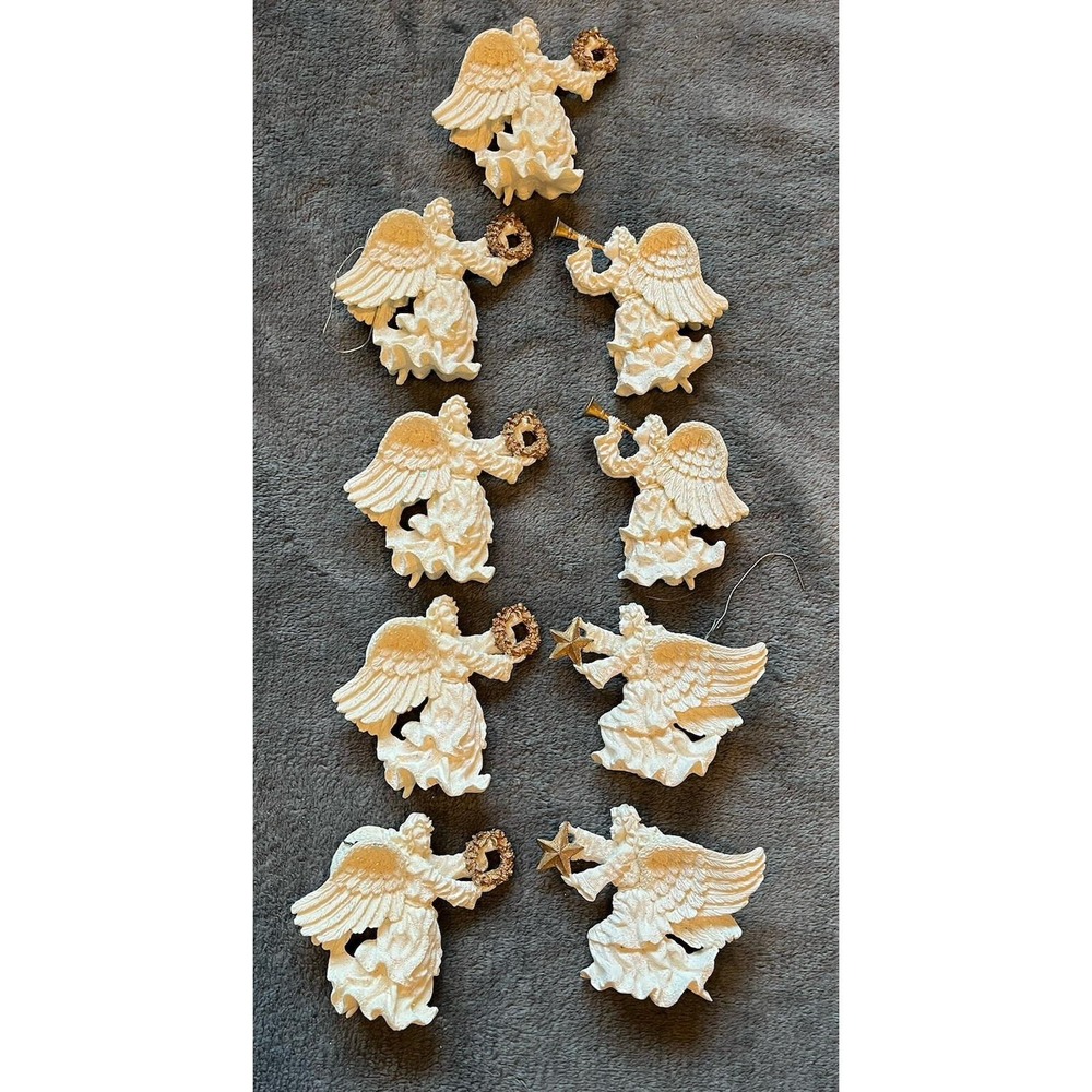 Vintage Christmas Ornaments White Angels With Horns Wreaths & Stars Resin 3"‎
